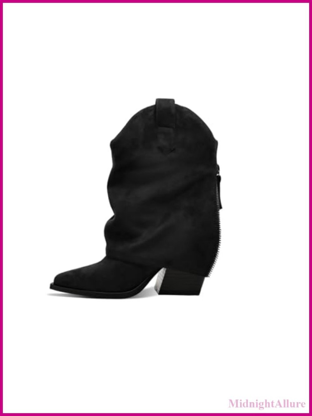 Womens Fold Over Ankle Boots Pointed Toe Chunky Mid Heel Side Zipper Booties